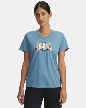UA Tech Watercolor Graphic Womens V-Neck Short Sleeve